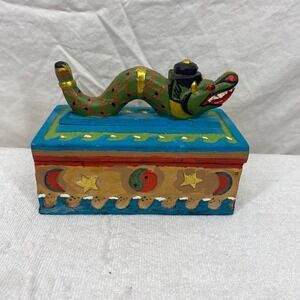 Hand Painted Wood Dragon Trinket Box Folk Art Celestial Yin Yang Hinged Lid